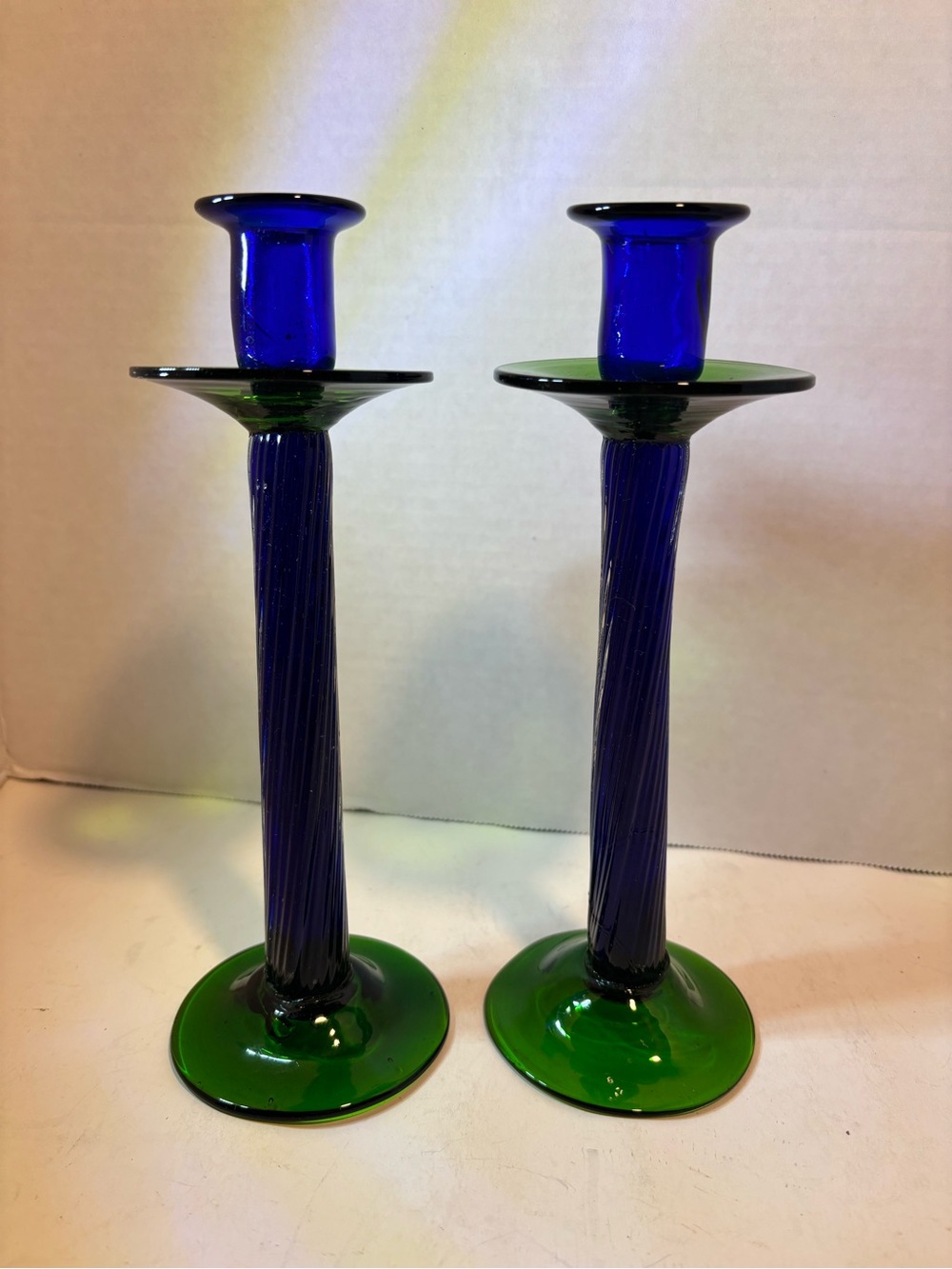 Vintage Hand Blown Cobalt Blue & Emerald Glass Candle Holders – Pair